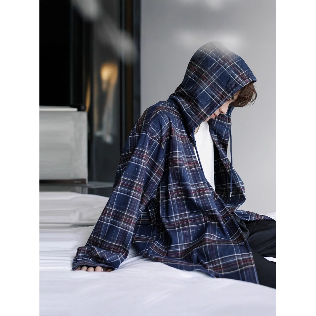 秋季复古格纹连帽衬衫外套男女潮流休闲长袖衬衣上衣百搭潮牌格子,男装,衬衫,淘宝优惠券,粉丝福利购,淘宝优惠卷