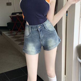 彈力a字包臀熱褲 牛仔短褲 女薄款 夏ins高腰外穿復(fù)古做舊直筒修身 子