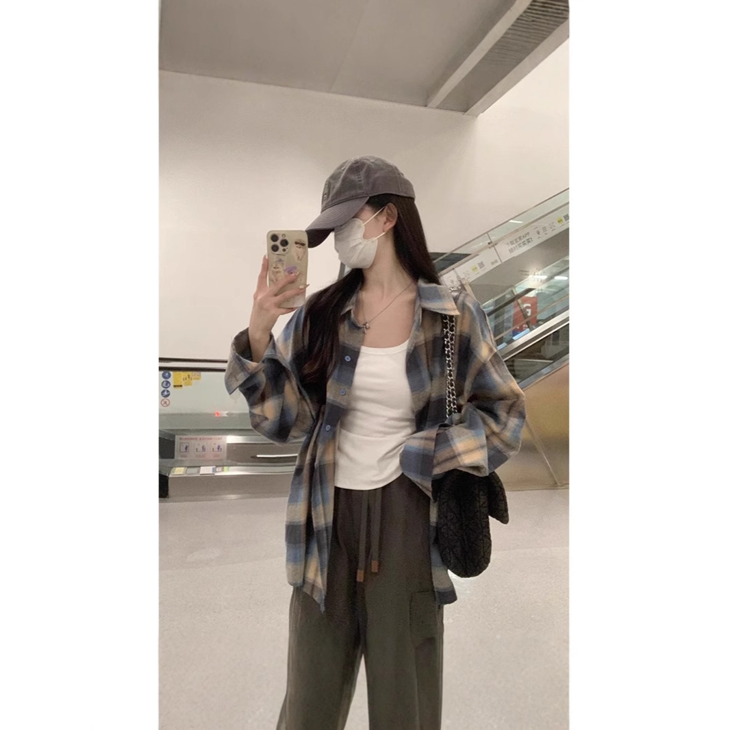 复古外套 vintage美式上衣多巴胺学院格子衬衫男夏季宽松长袖衬衣