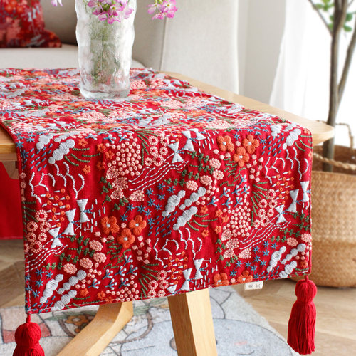 栗茧刺绣桌旗餐边柜盖布桌垫布