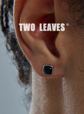 TWO LEAVES S925纯银方形黑玛瑙耳钉百搭简约潮流时尚男女款耳饰