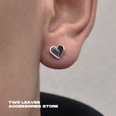 S925纯银爱心黑红色耳钉简约男女情侣款 TWO LEAVES 街头潮流耳饰