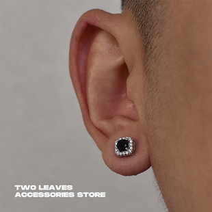 TWO S925纯银冰糖方钻黑锆石耳钉方形百搭潮男女满钻耳饰 LEAVES