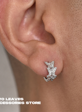 TWO LEAVES S925纯银蝴蝶耳环潮流轻奢耳圈街头小众男女情侣耳扣