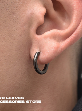 TWO LEAVES S925纯银实心黑色耳环极简街头百搭男女款潮流素耳圈