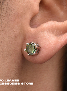 TWO LEAVES S925纯银绿色莫桑石耳钉D色1克拉镶钻潮嘻哈男女耳饰