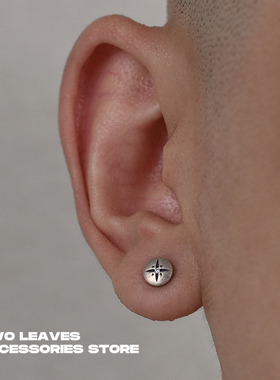 TWO LEAVES S925纯银复古做旧镶钻十字耳钉男女街头百搭圆形耳饰