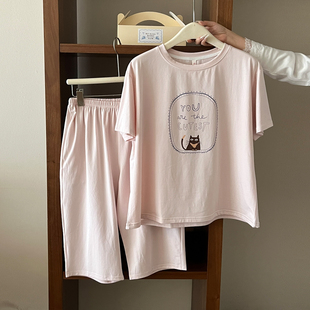 七分裤睡衣女夏季纯棉短袖薄款2026新款卡通休闲家居服套装可外穿