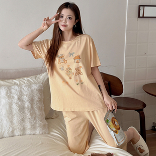 七分裤睡衣女夏季纯棉短袖薄款甜美可爱卡通休闲家居服套装可外穿