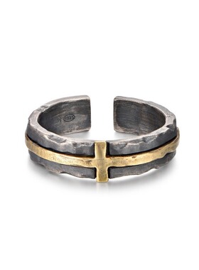 破损十字架S925纯银镶黄铜破坏十字开口戒指复古做旧可调节指环