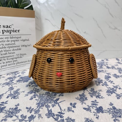 动物可爱客厅零食手工篮子水果编织藤编带盖创意家用圆形收纳篮