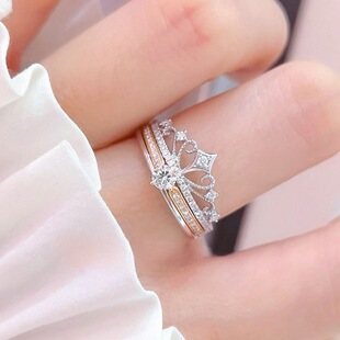 正品纯银皇冠双层莫桑钻戒指女18K金日韩个性仿真钻石二合一指环