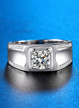 D色莫桑石戒指双排男纯银镀白金情侣结婚简约一克拉仿真钻带证书