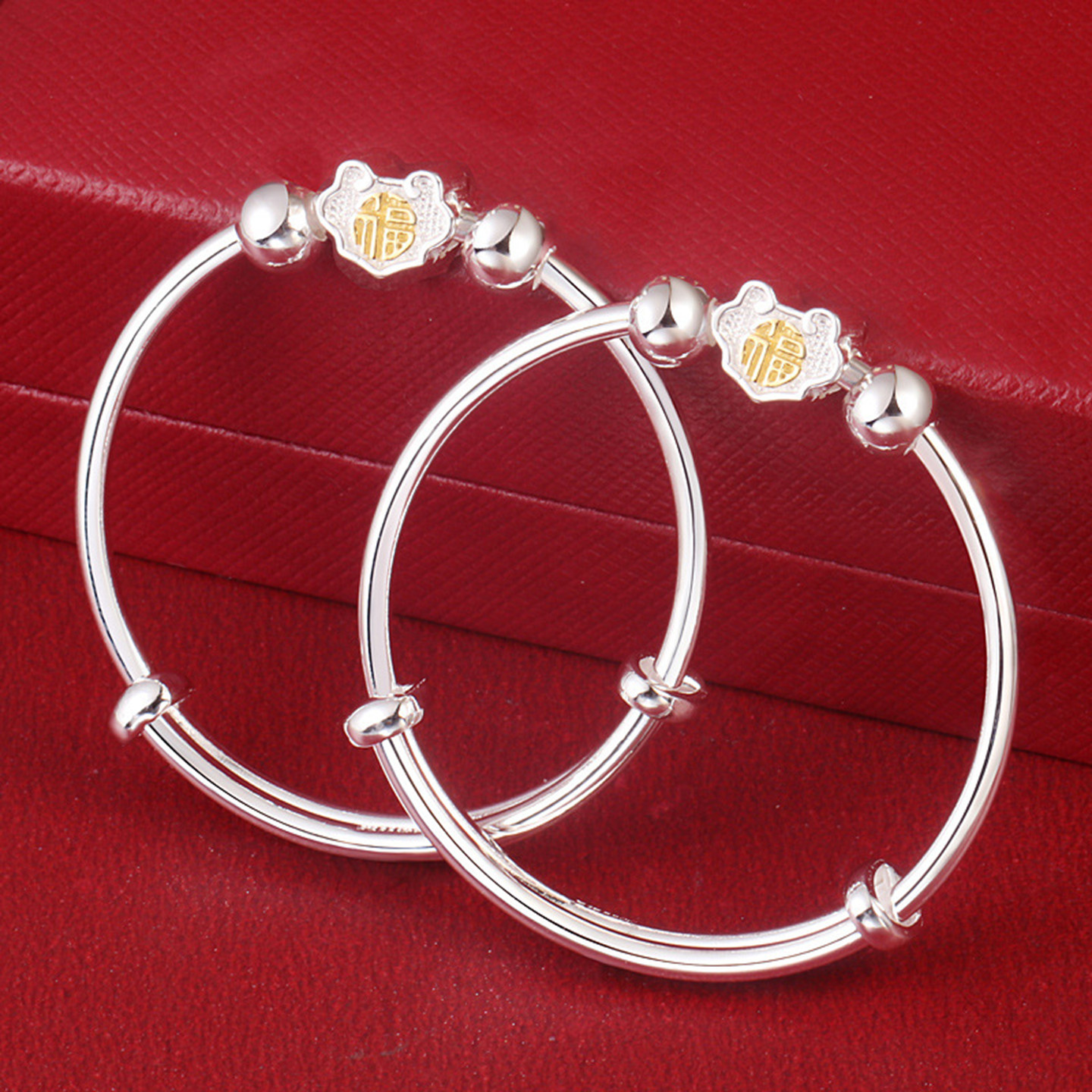 999足银金色福字宝宝手镯一对婴儿推拉纯银镯子儿童周岁礼物