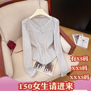 小个子春装女装150cm显高XXXS号蕾丝拼接假两件针织衫木耳边翻领