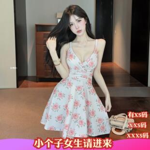 夏装矮个子加小码XXXS女装150cm显高V领印花无袖收腰吊带裙连衣裙