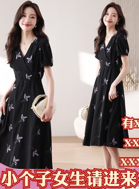 春季150cm矮个子显高XXXS女装155时尚裙V领收腰a字裙花朵连衣裙女