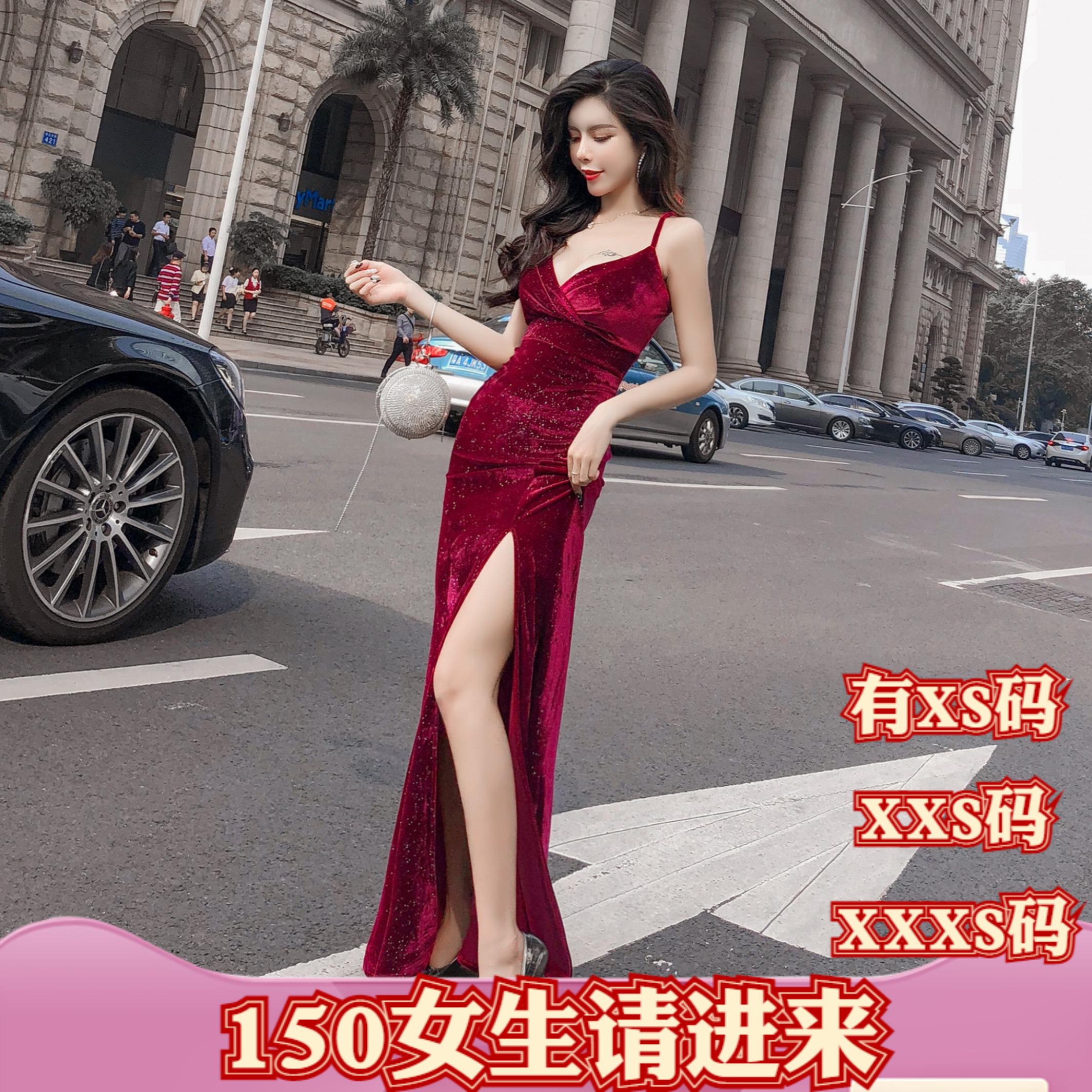 秋季XXXS矮个子150-155cm女装加小码吊带收腰金丝绒v领开叉礼服裙