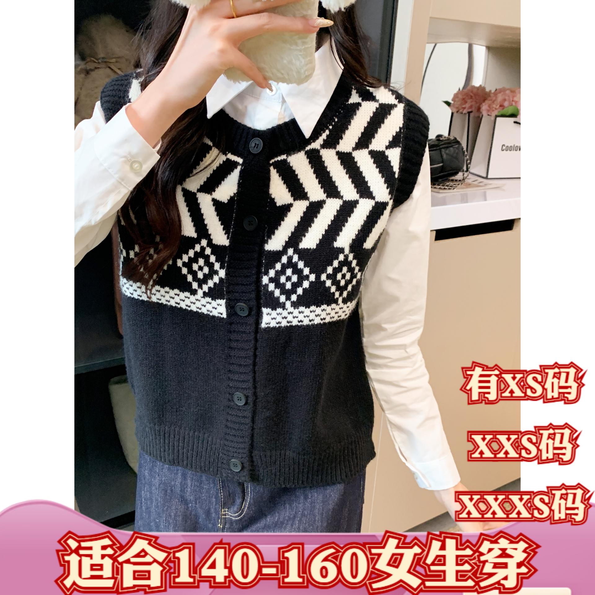 小个子女装冬装150cm显高加小码XXXS圆领针织开衫马夹毛衣马甲女