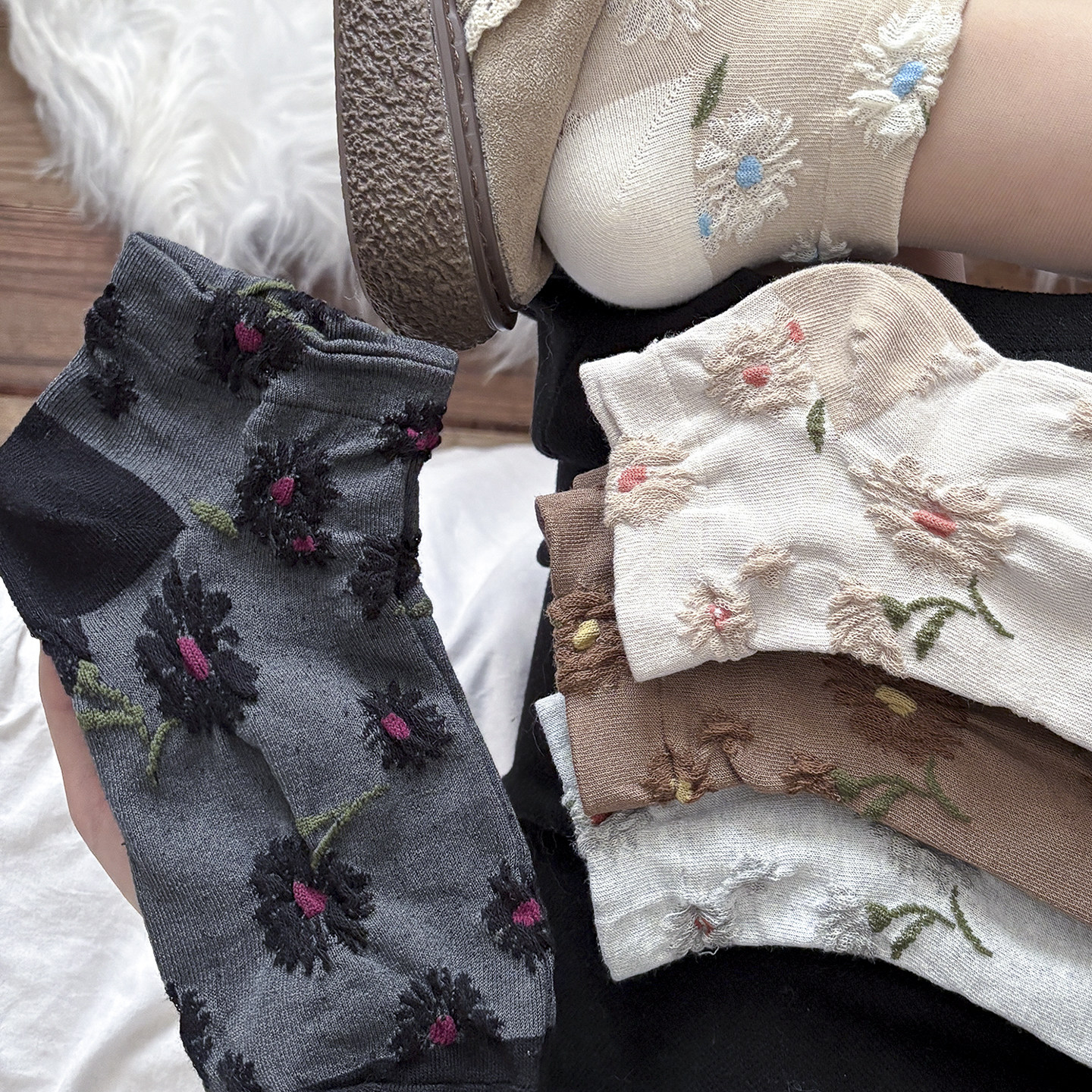 复古森系洋甘菊小花朵袜子女中筒袜春秋款短袜日系甜美百搭ins潮