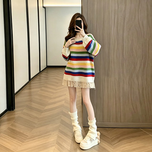 多巴胺彩虹条纹彩色中长款毛衣外穿女秋冬宽松慵懒风套头针织上衣