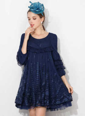 2025春夏新款网纱刺绣圆领A摆宽松七分袖大码女装连衣裙96009宽松