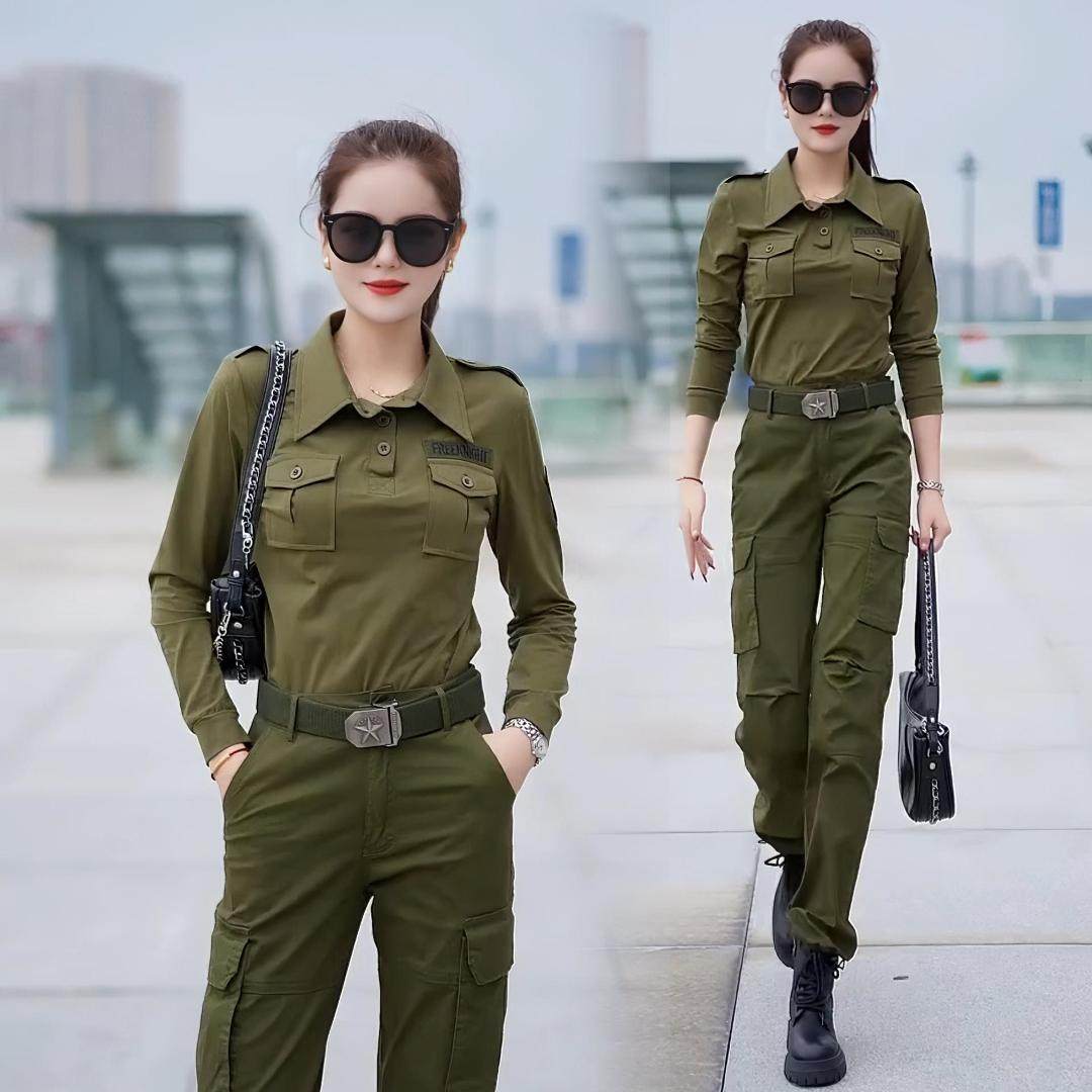 时尚套装女长袖T恤迷彩服工装显瘦两件套新款秋季休闲运动服长裤