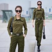 T恤迷彩服工装 女长袖 显瘦两件套新款 秋季 时尚 休闲运动服长裤 套装