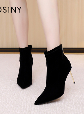 卓诗尼2025春秋尖头细跟性感短靴女黑色绒面高跟网红弹力瘦瘦靴女