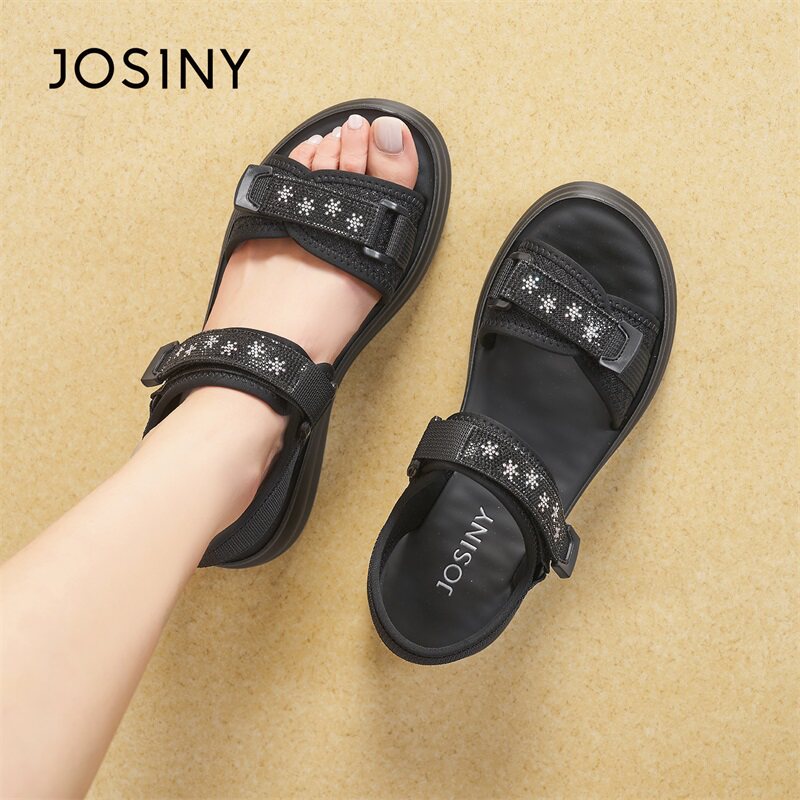 卓诗尼2026新款夏季厚底松糕凉鞋女圆头黑色星星装饰魔术贴休闲鞋