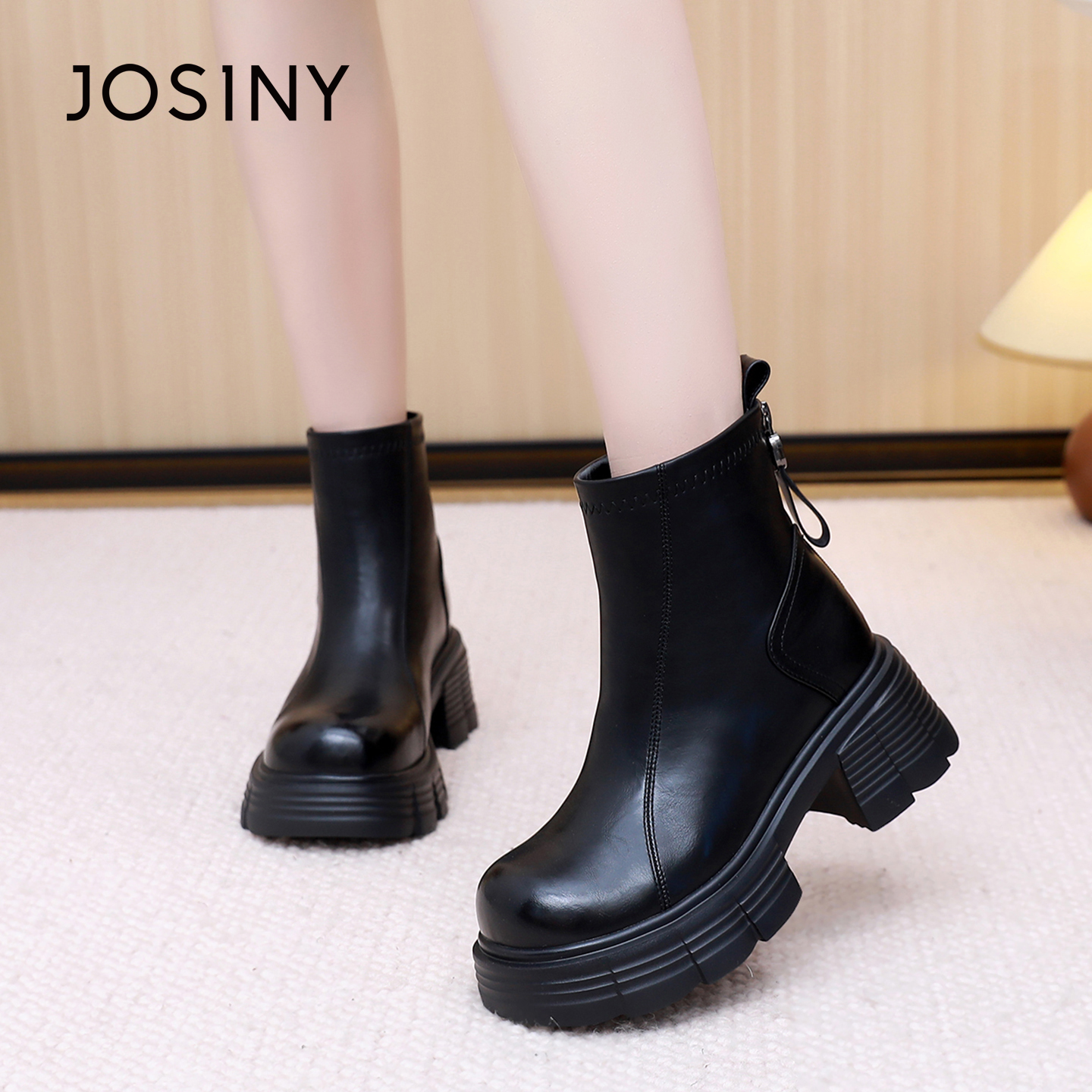 卓诗尼2025秋冬新款厚底马丁靴女切尔西靴气质显瘦复古粗跟短靴女