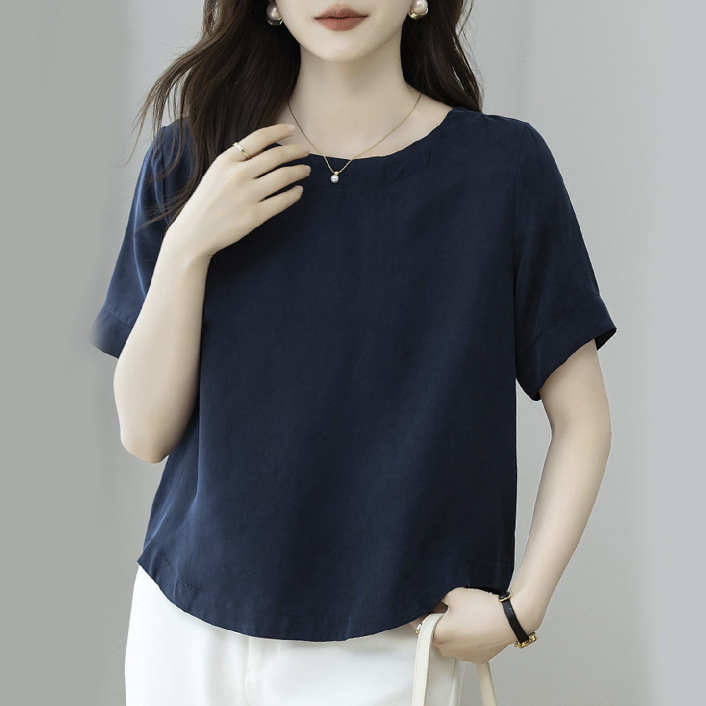 宽松短款铜氨丝上衣2026夏季新款简约短袖女T恤显瘦重磅真丝女装