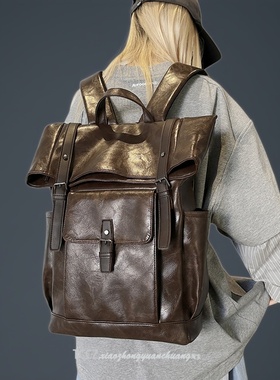 软皮复古翻盖双肩包男女通用大容量16英寸电脑包旅行通勤防水背包