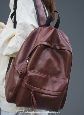 2025男大容量轻便旅行双肩包女登山包高级感电脑包旅游PU皮质背包