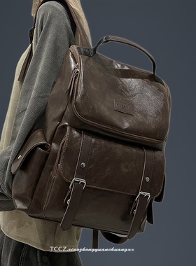 PU皮复古旅行女士双肩包男士大容量皮质商务通勤电脑包大学生书包