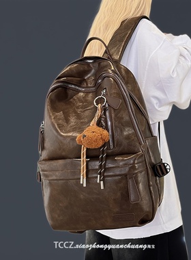 双肩包女2025新款潮韩版时尚百搭女士包软皮大容量书包旅行pu包包