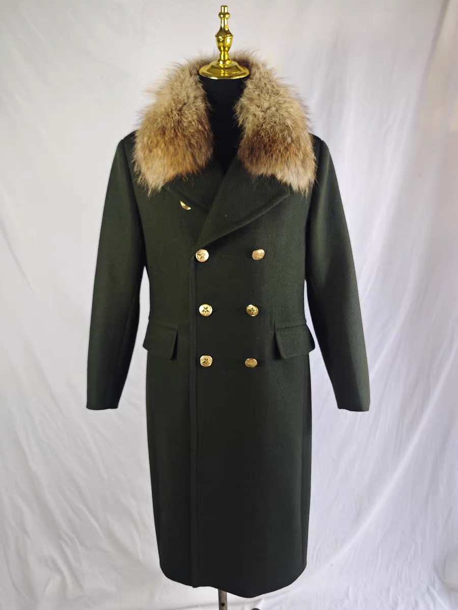 87式橄榄绿毛呢大衣男款加厚长款过膝双排扣毛领可拆卸外套