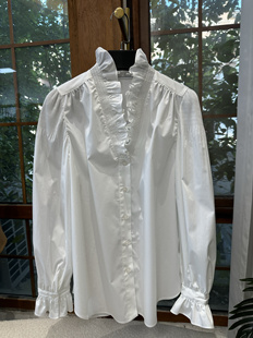 SD法式木耳花边高支棉宫廷V领长袖衬衫简约百搭荷叶打揽上衣女