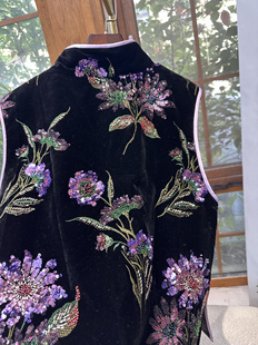 海棠花 黑色订珠片紫边 丝绒 重工刺绣 新中式立领马甲