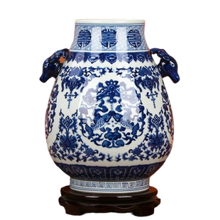 景德镇陶瓷器 仿古手绘青花瓷八宝纹双鹿头尊福筒花瓶 古典摆件设