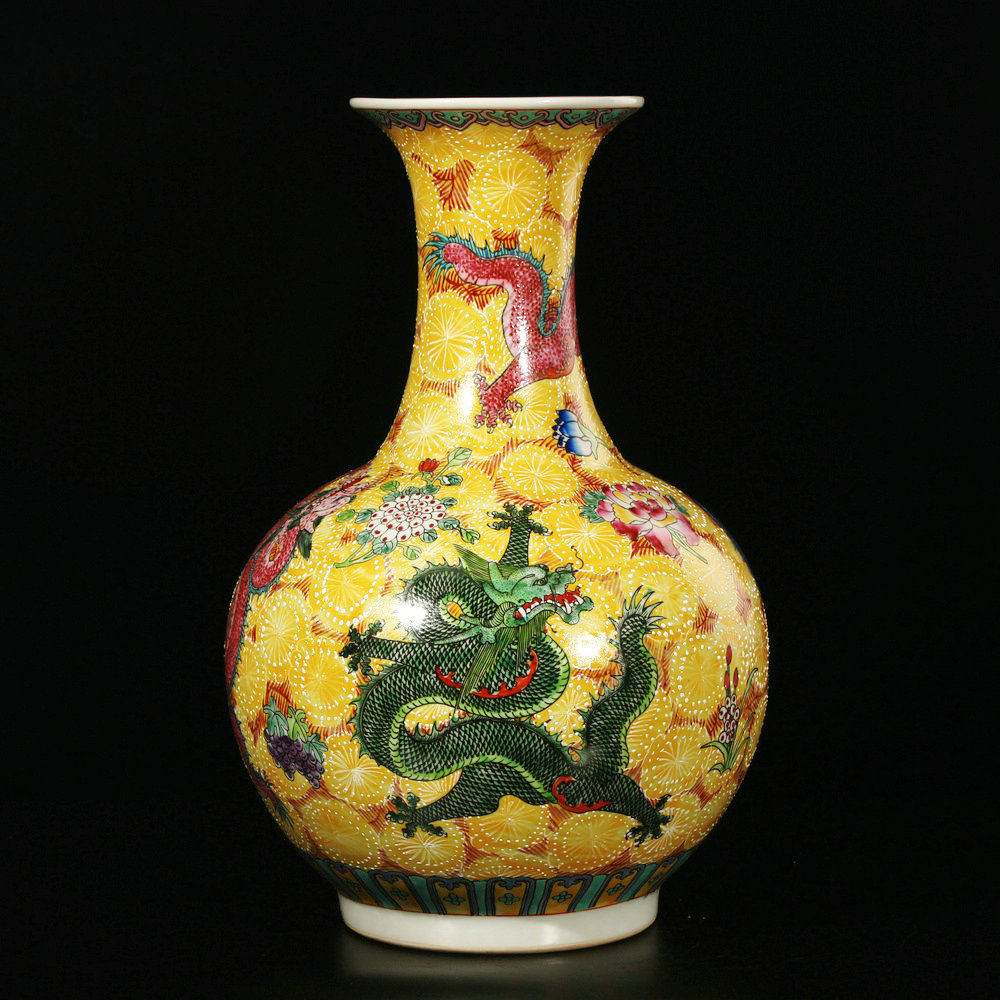景德镇花瓶陶瓷器 仿古珐琅彩粉彩九龙花瓶 中式收藏家居工艺摆件