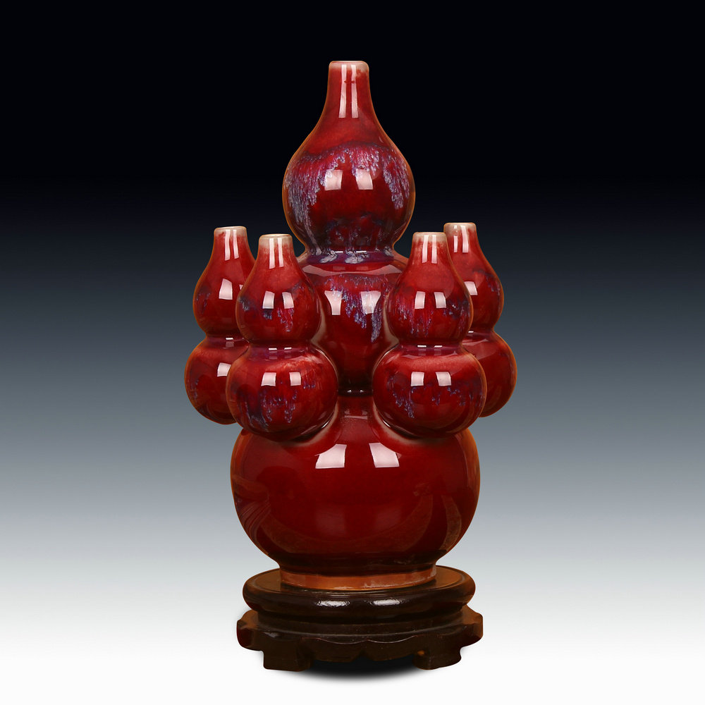 景德镇陶瓷花瓶 钧瓷仿古官窑变红花釉五子登科葫芦花瓶 中式摆件