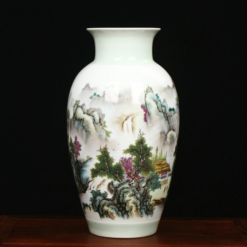 景德镇陶瓷器 朱武古典装饰粉彩山水花瓶 客厅家居工艺品收藏摆件
