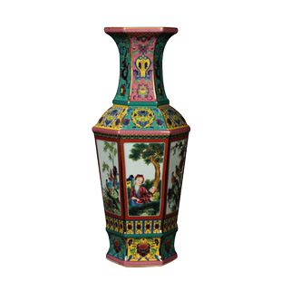 景德镇陶瓷器花瓶 仿古珐琅彩绿红松石釉西洋仕女图六方瓶工艺品