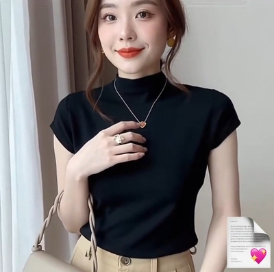 冰丝针织衫女短袖修身半高领打底衫大码薄款t恤