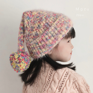女童帽子秋冬中厚针织儿童护耳帽可爱长尾巴冬天女宝宝杂色毛线帽