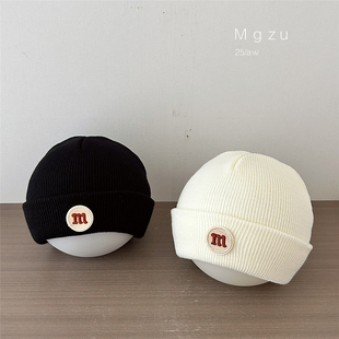 婴儿帽子秋冬季针织套头韩系字母m毛线帽婴儿外出加厚保暖包头帽