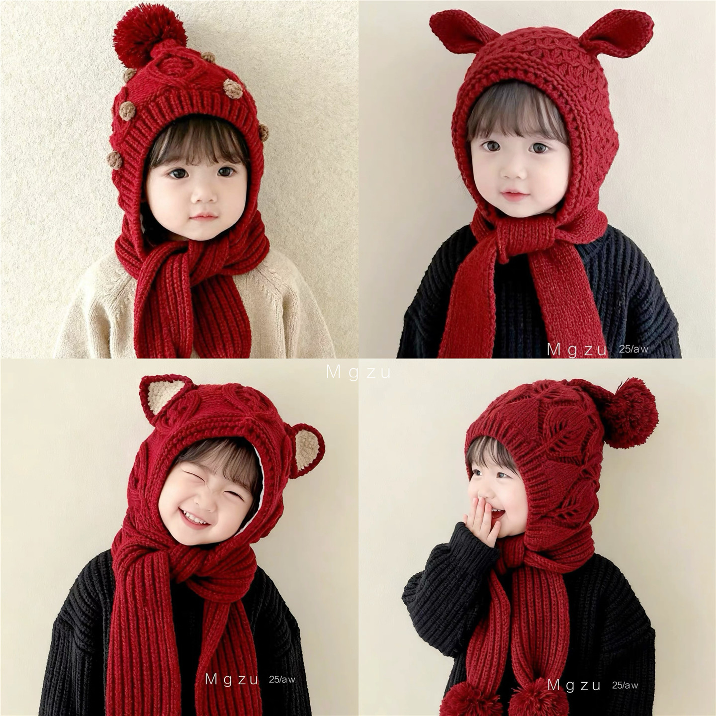 儿童帽子秋冬款百搭围巾帽一体中大童韩版红色毛线护耳帽防风保暖