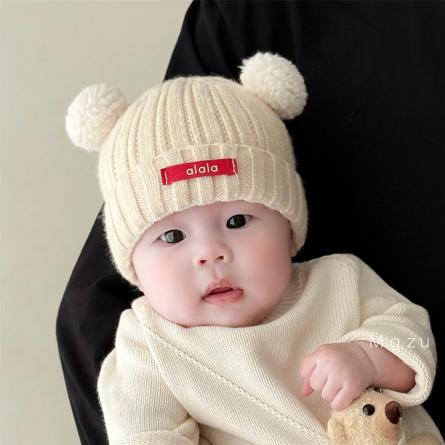 婴儿帽子秋冬棉新生儿加内衬毛线套头帽可爱球球冬天小宝宝针织帽