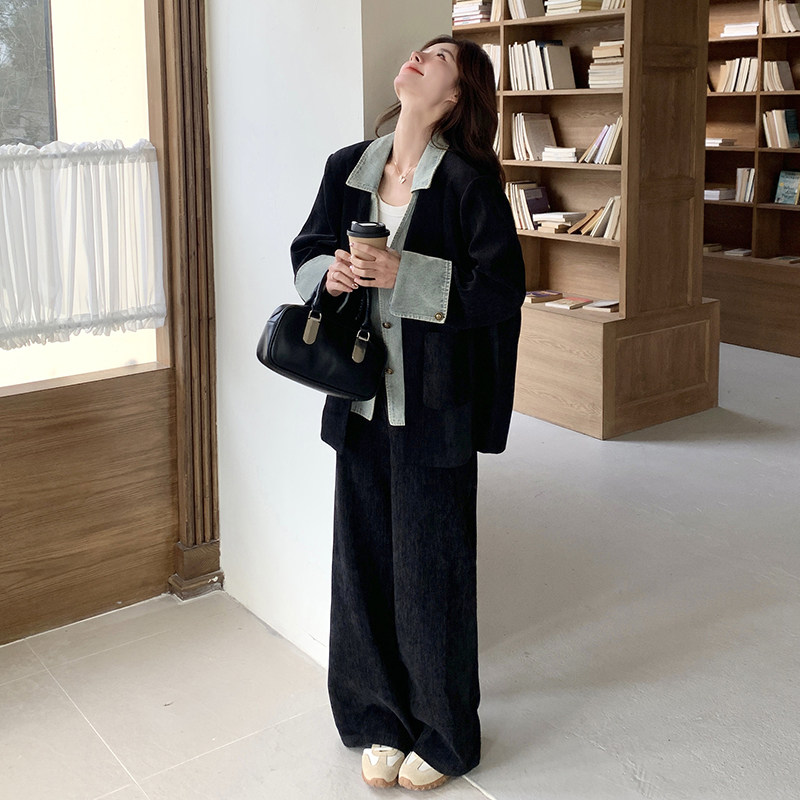 黑色高级感气质套装女春秋新款牛仔拼接假两件外套阔腿裤两件套